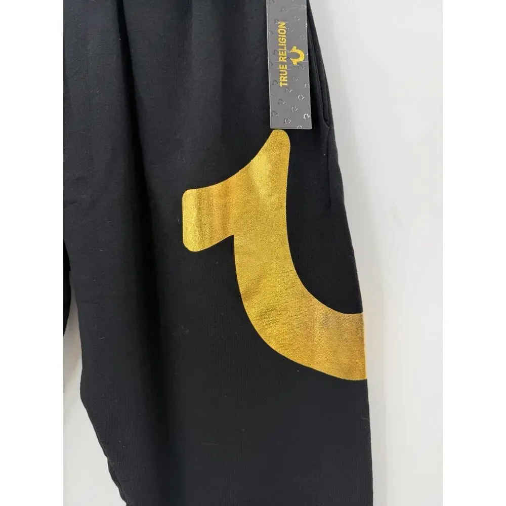 True Religion Men’s Elastic Waist Drawstring Black Joggers Gold Logo Small NWT